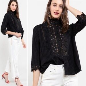 New POL Black Blouse Lace Button Up 3/4 Sleeve Mock Neck Lightweight Cotton Sz L